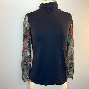 K & C Women's Embroidered Mesh Sleeve Black Turtleneck Top - Size XS - NWT